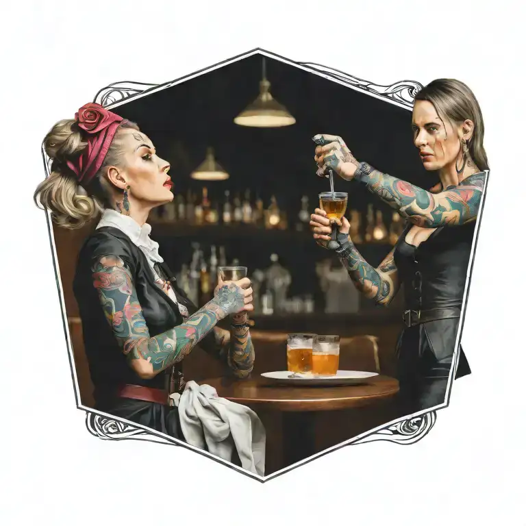 a protestant woman and a catholic woman fighting in a bar tattoo design idea