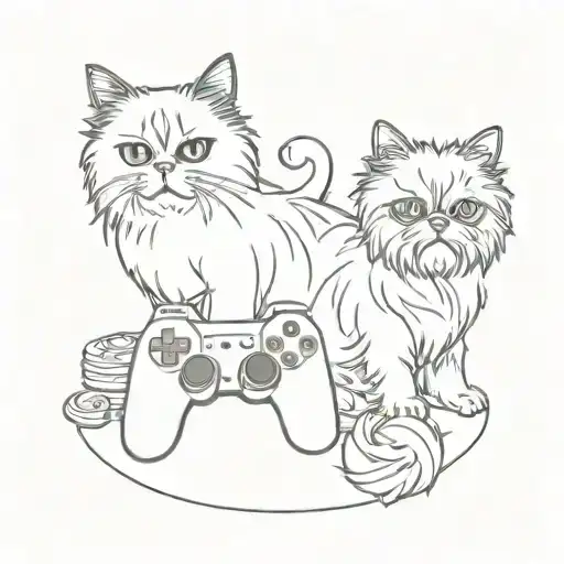 A minimalist tattoo design of a persian cat and a yorkie playing video games together tattoo design idea