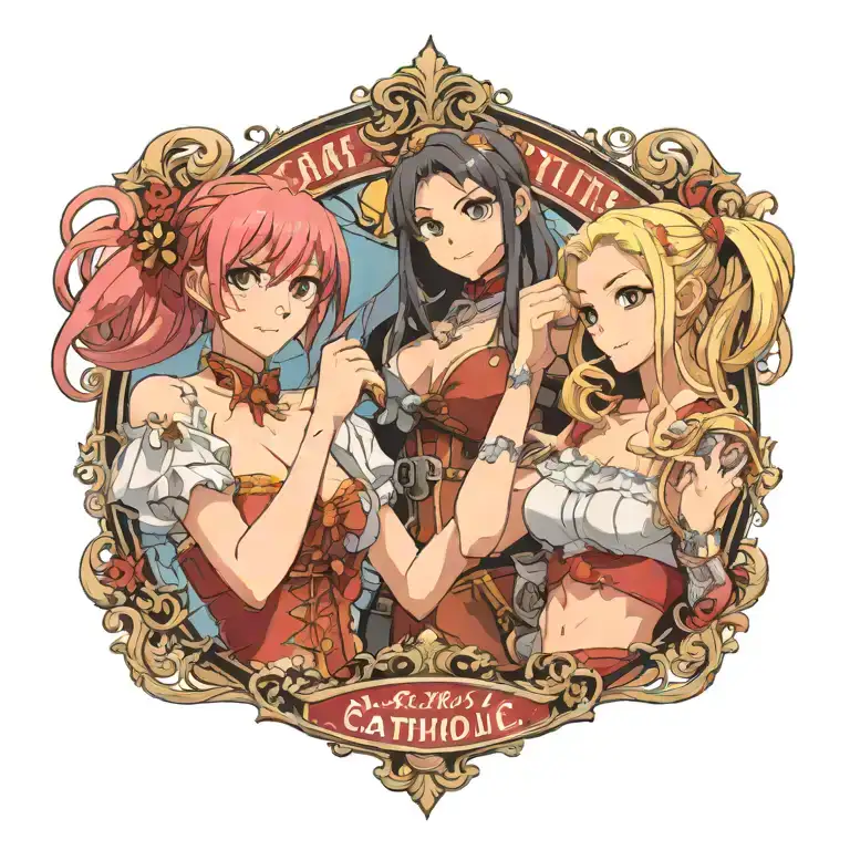 a protestant woman and a catholic woman fighting in a bar tattoo design idea