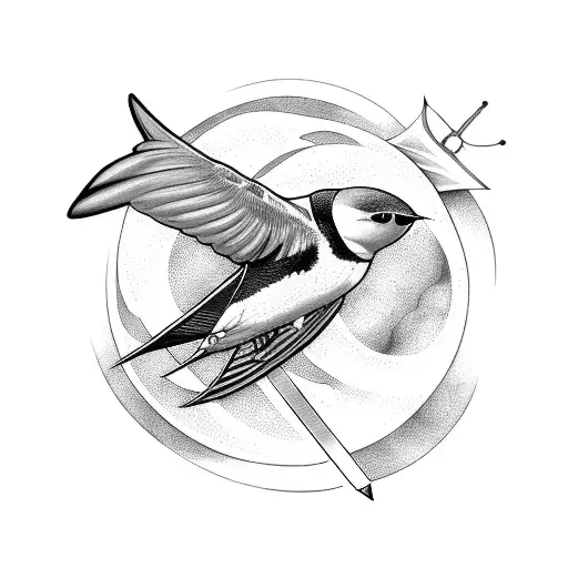A swallow flying over a planet with a sword and spear crossed beneath it tattoo design idea
