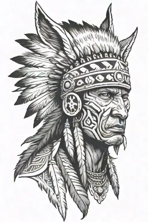 Native American warrior wearing a wolf skin cap tatoo tattoo design idea