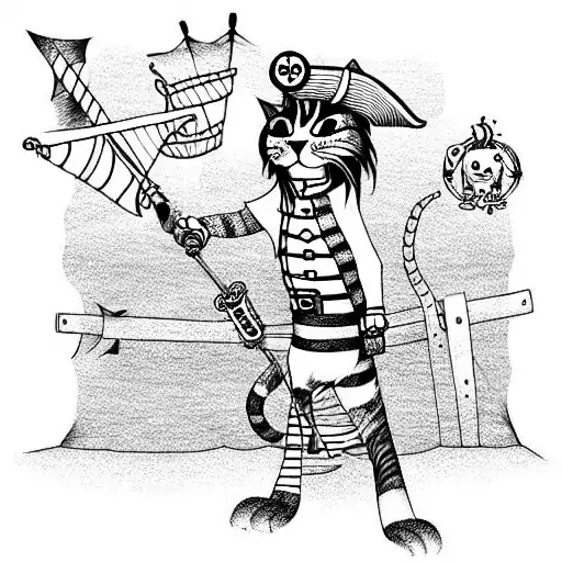 a full-length pirate cat with one leg tattoo design idea