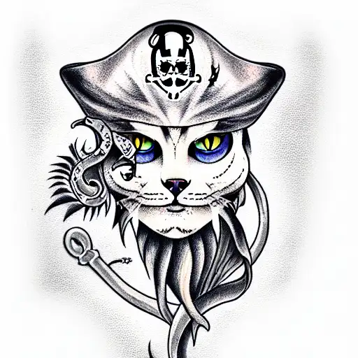 a full-length pirate cat tattoo design idea