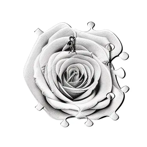 A pocket watch with puzzle pieces as its dial, surrounded by a bed of roses tattoo design idea