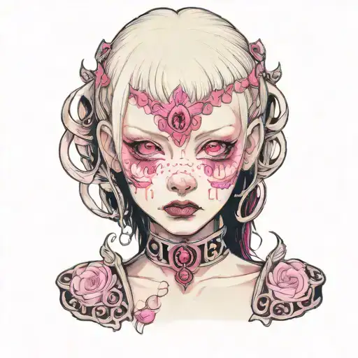albino girl with pink eyes in glittery chestplate tattoo design idea