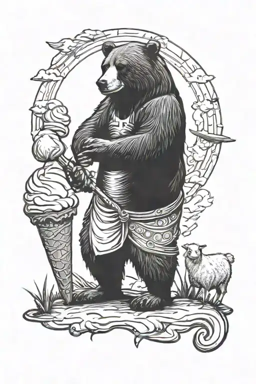 A bear standing tall carrying a staff and an ice cream, with a sheep standing beside him  tattoo design idea