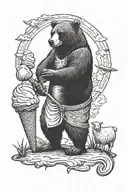 A bear standing tall carrying a staff and an ice cream, with a sheep standing beside him  tattoo design idea