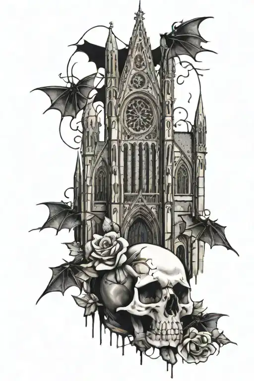 gothic cathedral with stained glass windows, dark victorian accents, rotting flowers, bats flying and snakes and skulls tattoo design idea