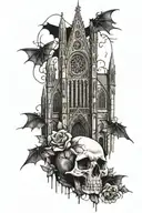 gothic cathedral with stained glass windows, dark victorian accents, rotting flowers, bats flying and snakes and skulls tattoo design idea