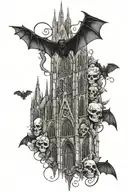 gothic cathedral with stained glass windows, dark victorian accents, rotting flowers, bats flying and snakes and skulls tattoo design idea