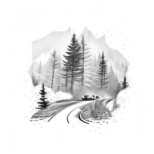 A sleek sports car racing through a vibrant forest tattoo design idea