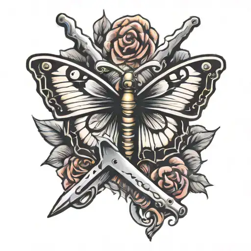 butterfly with knife and brass knuckles tattoo design idea