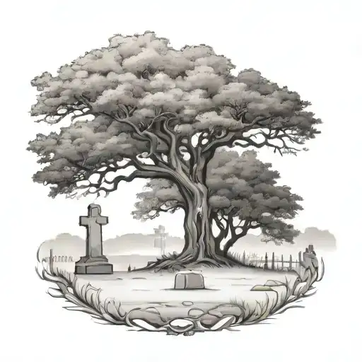 oak tree and graveyard scene tattoo design idea