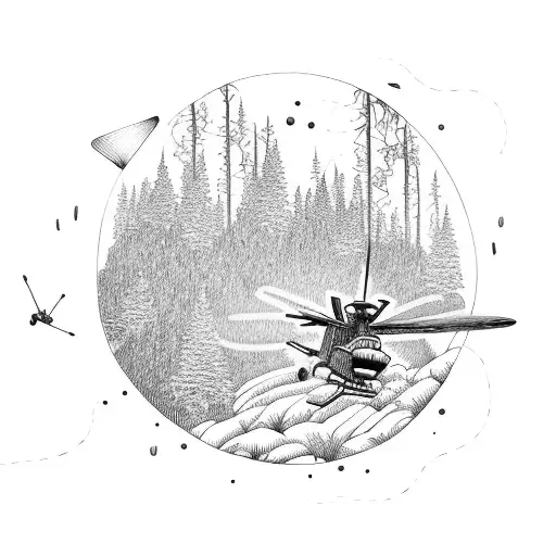 An Apache helicopter hovering above a forest during a walk tattoo design idea