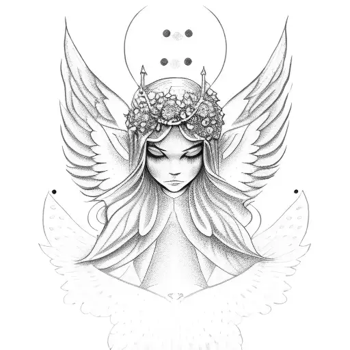 A dotwork tattoo of an angelic figure holding a sobriety chip tattoo design idea