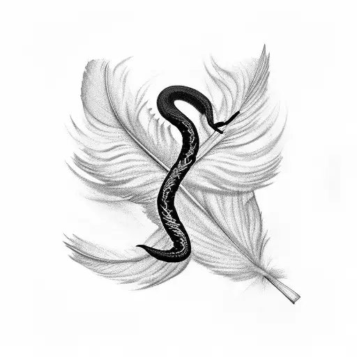 there is a white feather in the middle. A black snake coils around him tattoo design idea