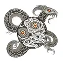 Eyes with the abyss, death, suicide, hopelessness, hell, loneliness and a snake crawling around them tattoo design idea