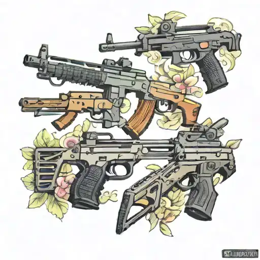 Multiple guns tattoo ak47, Glock, teck 9 , ar 15, uzi, shot gun  tattoo design idea