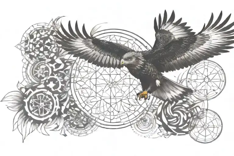 Hawk flying towards in front of abstract patterns incorporating the initials ELW and MJW tattoo design idea