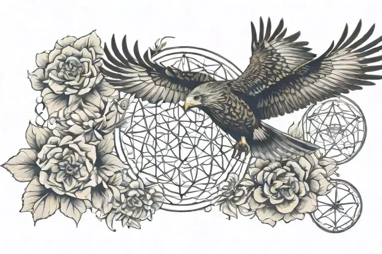 Hawk flying towards in front of the flower of life pattern and abstract patterns incorporating the initials ELW and MJW tattoo design idea