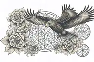 Hawk flying towards in front of the flower of life pattern and abstract patterns incorporating the initials ELW and MJW tattoo design idea
