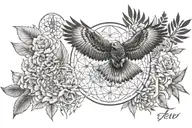 Hawk flying towards in front of the flower of life pattern and abstract patterns incorporating the initials ELW and MJW tattoo design idea