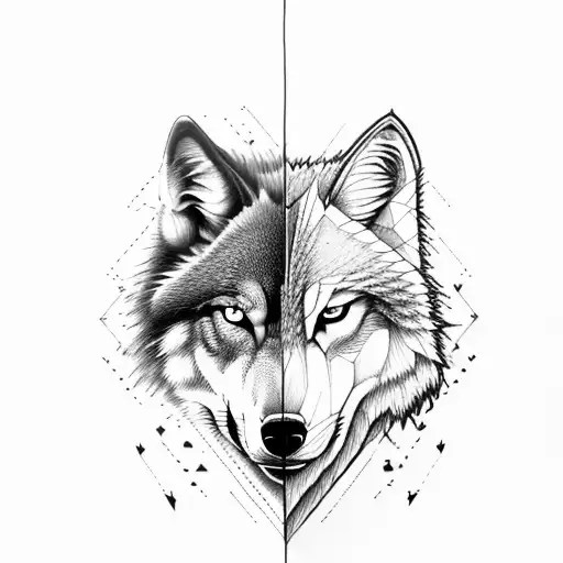 a half digital wolf and half real wolf with fierce look and an arrow in mid tattoo design idea