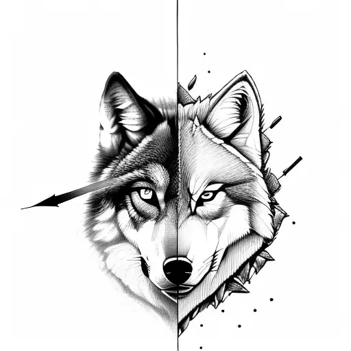 a half digital wolf and half real wolf with fierce look and an arrow in mid tattoo design idea