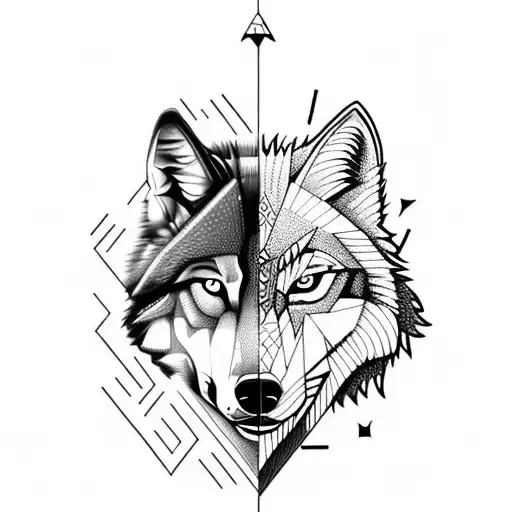 a half digital wolf and half real wolf with fierce look and an arrow in mid tattoo design idea