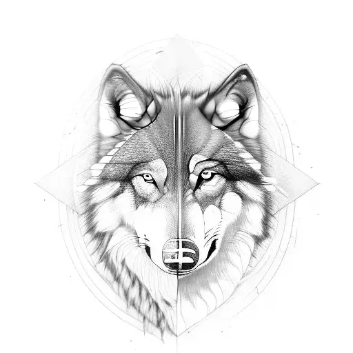 a half digital wolf and half real wolf with fierce look and an arrow in mid tattoo design idea