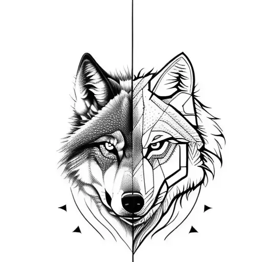 a half digital wolf and half real wolf with fierce look and an arrow in mid tattoo design idea