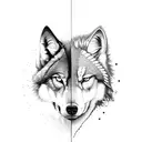 a half digital wolf and half real wolf with fierce look and an arrow in mid tattoo design idea