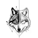 a half digital wolf and half real wolf with fierce look and an arrow in mid tattoo design idea