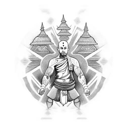 Warrior monk, one side of the tattoo monk meditates and other side of fights tattoo design idea