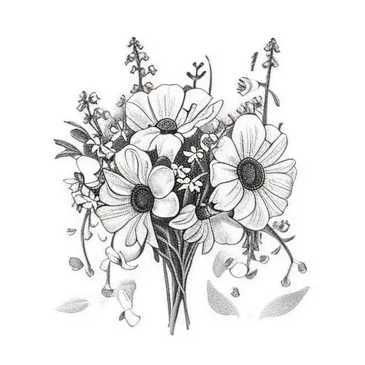 Bouquet with daisies, sweet peas, Lily of the valley, larkspur, and narcissus tattoo design idea