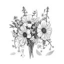 Bouquet with daisies, sweet peas, Lily of the valley, larkspur, and narcissus tattoo design idea