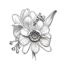 Bouquet with daisies, sweet peas, Lily of the valley, larkspur, and narcissus tattoo design idea