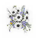 Bouquet with daisies, sweet peas, Lily of the valley, larkspur, and narcissus tattoo design idea