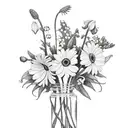 Bouquet with daisies, sweet peas, Lily of the valley, larkspur, and narcissus tattoo design idea