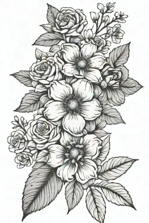 June, August, December birth flower bouquet tied tattoo design idea