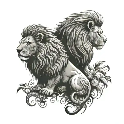 A tattoo design of a lion and a kiwi bird standing together, symbolizing courage and adaptability in the face of new beginnings tattoo design idea