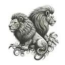 A tattoo design of a lion and a kiwi bird standing together, symbolizing courage and adaptability in the face of new beginnings tattoo design idea