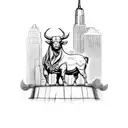 Liberty statue next to a bull with the background of Manhattan skyscrapers tattoo design idea