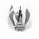 Liberty statue next to a bull with the background of Manhattan skyscrapers tattoo design idea