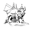 Liberty statue next to a bull with the background of Manhattan skyscrapers tattoo design idea