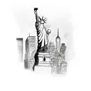 Liberty statue next to a bull with the background of Manhattan skyscrapers tattoo design idea