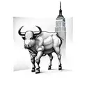 Liberty statue next to a bull with the background of Manhattan skyscrapers tattoo design idea