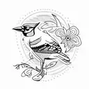 A minimalist tattoo of a bluejay silhouette with the word 'Jassim' incorporated into its design tattoo design idea