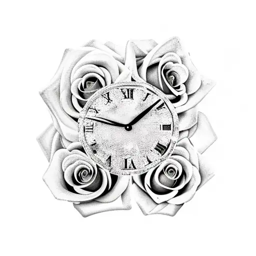black frozen clock with two roses at it sides, with a little ice on color tattoo design idea