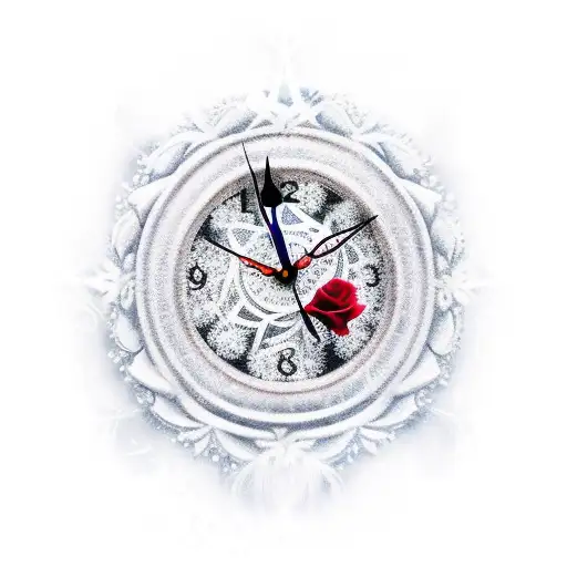  frozen clock with two roses at it sides, with a little ice on color tattoo design idea